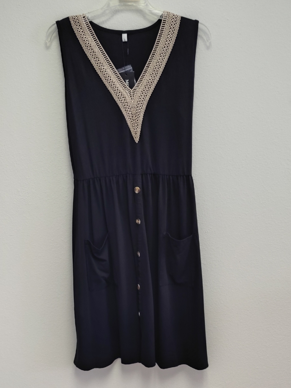 Black Midi Dress with Cream Crochet V-Neck